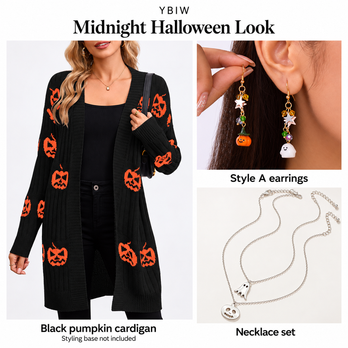 Midnight Halloween Look bundle: black pumpkin cardigan, necklace set, Style A earrings; styling base not included.